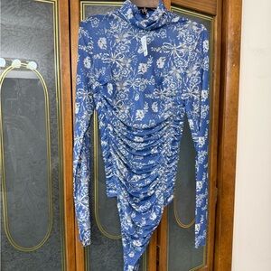 Blue Floral Ruched Asymmetric Long Sleeve Bodysuit by FREE PEOPLE BRAND NEW